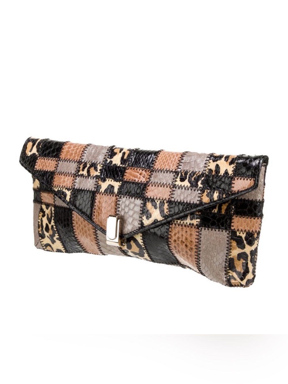 Tamara Mellon Patchwork Leopard Print Leather Clutch in Black & Tan